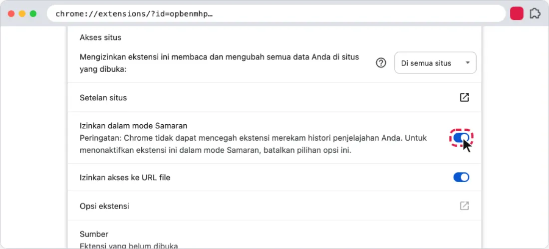 Langkah: Izinkan di jendela Samaran
